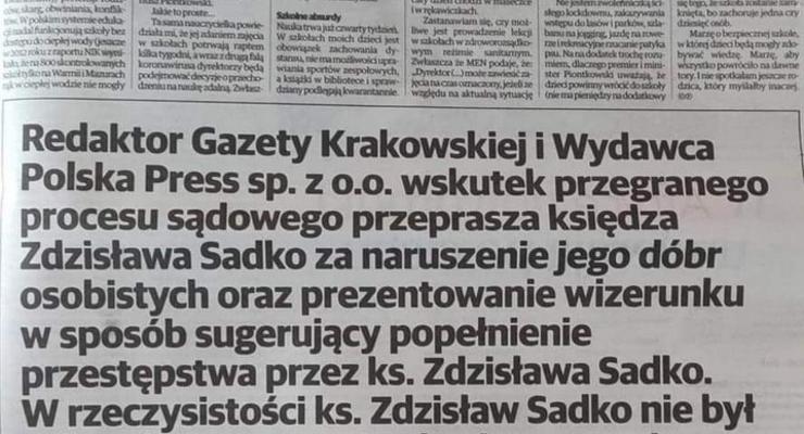 Gazeta Krakowska przegrała proces z byłym proboszczem ks. Zdzisławem Sadko